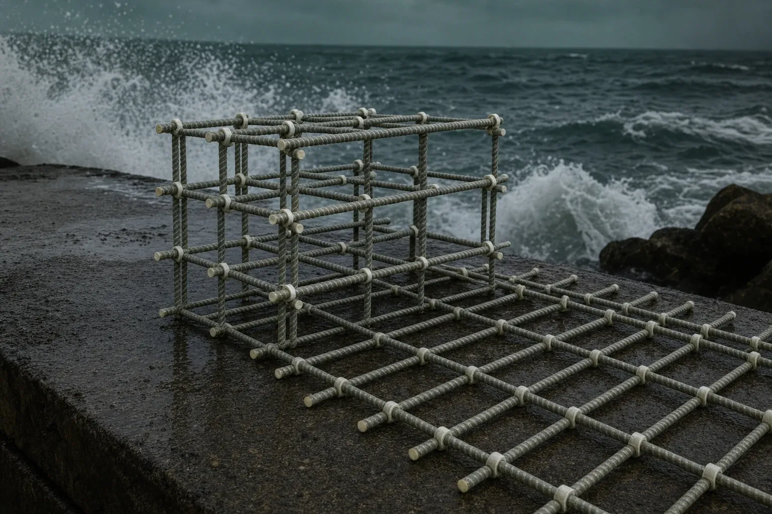 GFRP reinforcement cage on a coastal breakwater, waves breaking behind